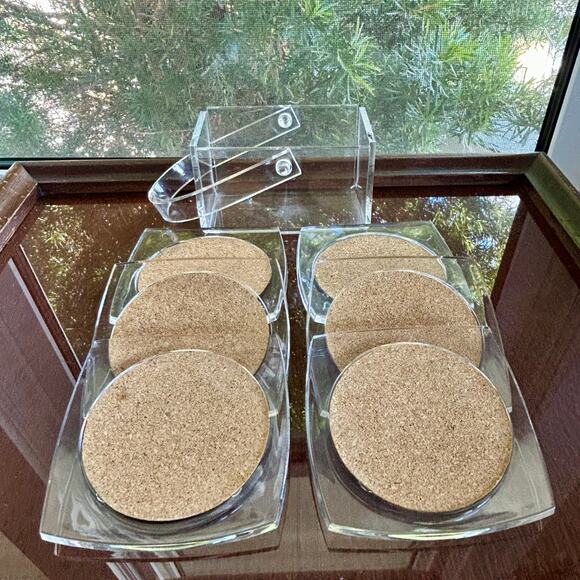 Vintage Clear Lucite and Cork Coaster Set with Holder – 6 Coasters with Caddy - Picture 2 of 13